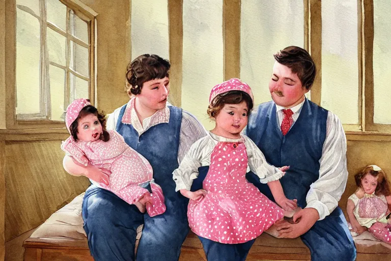 Image similar to charming and chubby parents and their very fat baby girl, wearing a polka dot cloths and a victorian - style hairdo, sits in the large and bright studio. sunlight enters through the barred window. watercolor and pen painting. beautiful lighting, 4 k post - processing, highly detailed, 5 k extremely detailed, 3 d. cinematic scene.