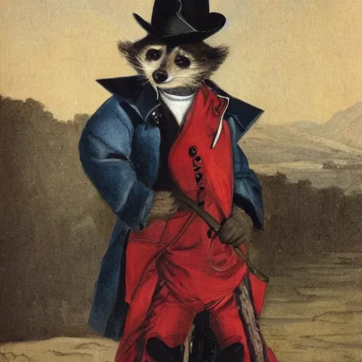 Image similar to a gentleman raccoon wearing a tophap and a kaneda jacket, portrait, painting, detailed, artwork by Hyacinthe Rigaud