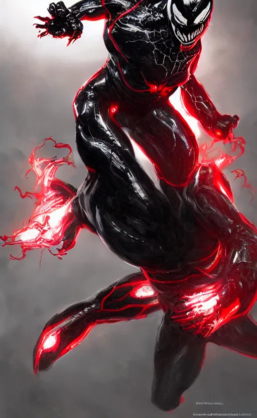 Image similar to venom in a venom inspired ironman suit, black and red, dynamic lighting, photorealistic fantasy concept art, trending on art station, stunning visuals, terrifying, creative, cinematic