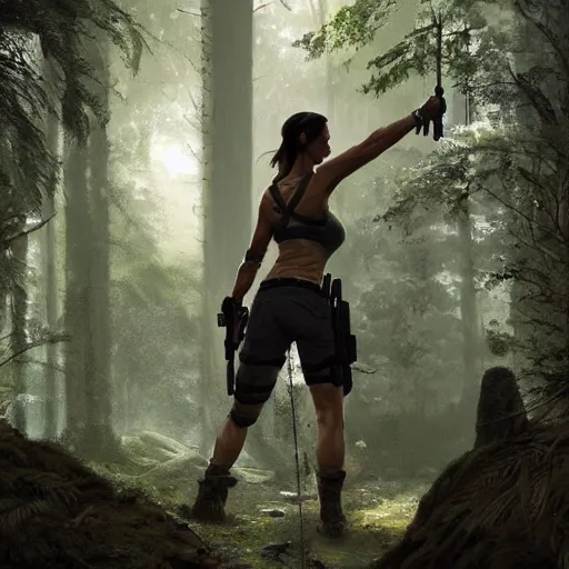 Image similar to detailed photo of lara croft being arrested in a forest, 8 k, by greg rutkowski, artgerm,