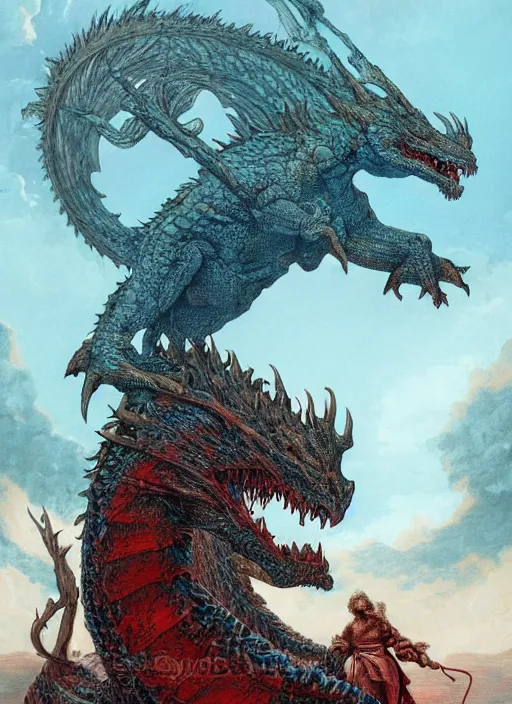 Image similar to a photographic portrait of a dragon by gustave dore and raphael lacoste and dan mumford, trending on artstation, a leopard!! - like sea beast, a two - horned earth beast, natural earth tone colors, cerulean blue, cyan, red