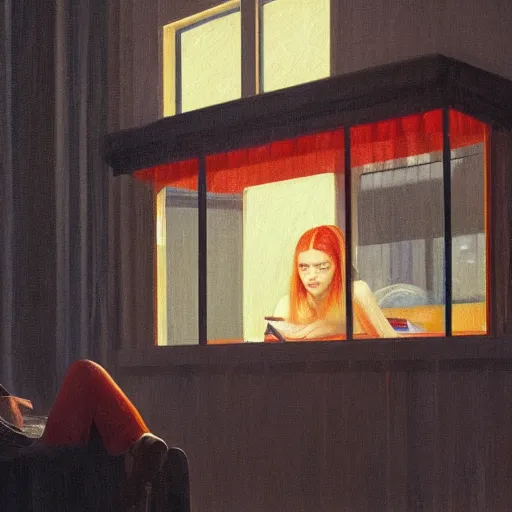 Image similar to Elle Fanning hacking a computer at night in the world of Edward Hopper, stormy snowy weather, streetlights, extremely detailed masterpiece, oil on canvas, low-key neon lighting, artstation, Blade Runner 2049, Roger Deakin’s cinematography, by J. C. Leyendecker and Peter Paul Rubens,