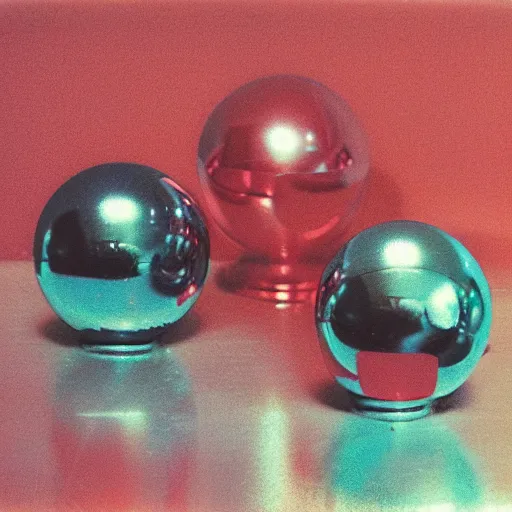 Prompt: chrome spheres on a red cube, polaroid 600 photograph