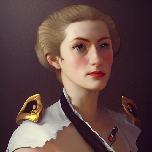 Prompt: intelligent female pirate captain 3 5 years old, 1 9 4 0 s haircut, fully clothed, wise, beautiful, 1 7 5 0 s oil painting, dramatic lighting, trending on artstation, sharp focus