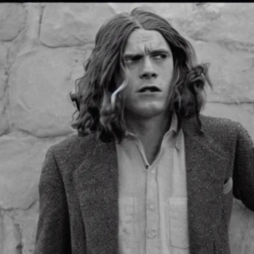 Prompt: Still of a movie set in the 1930s where a terrified young man with long hair is backed up against a stone wall. He is looking utterly panicked and distressed