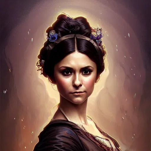 Image similar to Nina Dobrev dressed in a victorian fashion, D&D, fantasy, intricate, elegant, highly detailed, digital painting, artstation, concept art, matte, sharp focus, illustration, art by Artgerm and Greg Rutkowski and Alphonse Mucha