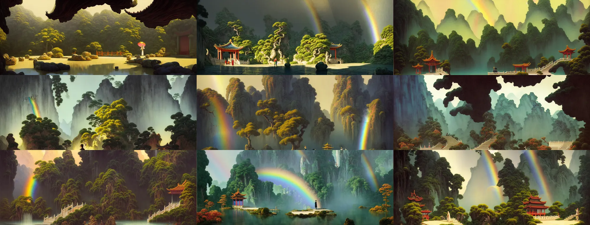 Image similar to a gorgeous landscape painting by barlowe wayne, maxfield parrish and marco mazzoni. chinese temple. rainbow, rainy mood!! sunny morning. a lonely chinese wuxia walks on the winding stone steps, stone gate to the dark cave, 3 d, octane render, turbulent lake, waterfall, fog, 8 k.