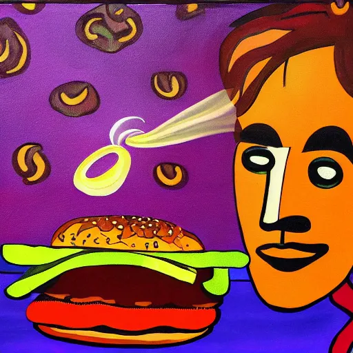 Image similar to psychedelic painting of a man eating a hamburger