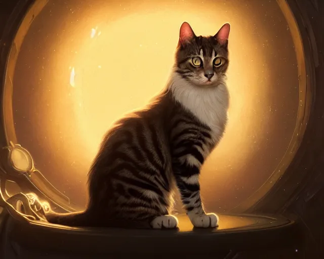 Image similar to a 4 k cinematic screenshot still portrait of a cat in a dark liminal space room surrounded by amber glow, deep focus, d & d, fantasy, intricate, elegant, highly detailed, digital painting, art station, concept art, matte, sharp focus, illustration, dark fantasy style art, hearthstone, art by artgerm and greg rutkowski and alphonse mucha