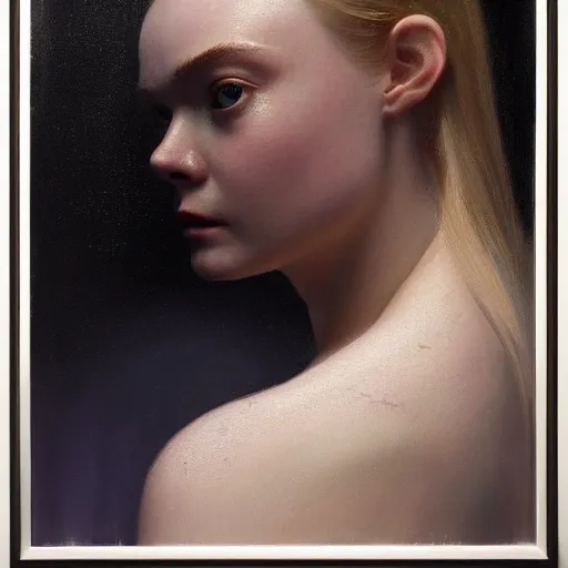 Prompt: Elle Fanning’s face against the mirror, head and shoulders portrait, stormy weather, extremely detailed masterpiece, oil on canvas, low-key neon lighting, artstation, Blade Runner 2049, Roger Deakin’s cinematography, by J. C. Leyendecker and Peter Paul Rubens and Edward Hopper and Michael Sowa,