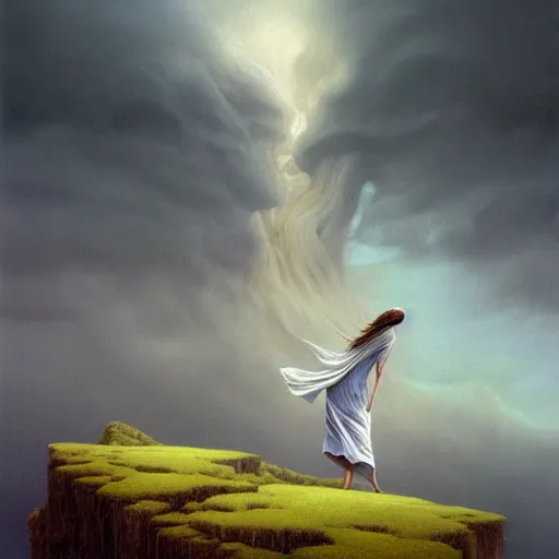 Image similar to a hyperrealistic painting of a beautiful woman with flowing robes standing on the edge of a tall cliff, blue skies, swirling clouds, by john kenn mortensen and zdzislaw beksinski, highly detailed, vivid color,