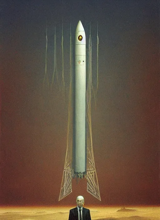 Prompt: A painting in a style of Beksinski of Mars. There is Elon Musk and a rocket. Very detailed, symmetry