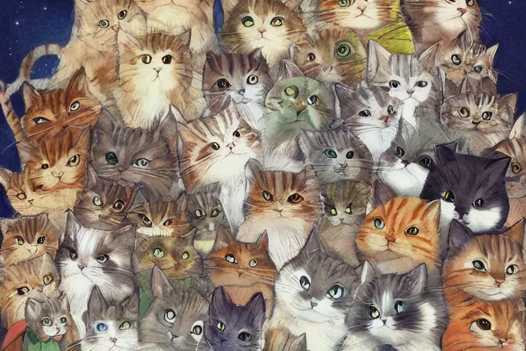 Prompt: beautiful art illustration of a group of cats by studio ghibli, anime, highly detailed