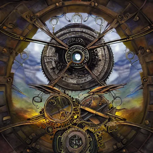 Prompt: giant ring of metal petals, steampunk, fantasy art, sky in the background, detailed, behrens style