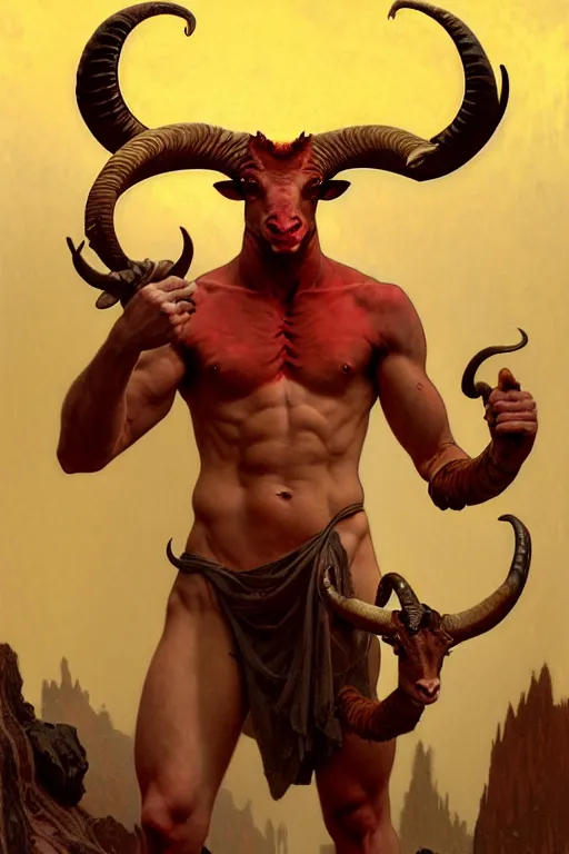 Prompt: portrait of a beautiful young fit male demon with ram horns, scaly torso and goat legs, hellish scene, by greg rutkowski and alphonse mucha, d & d character, gradient red to yellow, in front of an hellish landscape background, highly detailed portrait, digital painting, artstation, concept art, smooth, sharp focus ilustration, artstation hq