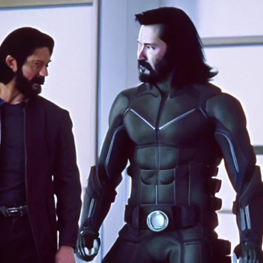 Image similar to keanu reeves as wolverine in emotional movement, dressed the original x - men suite