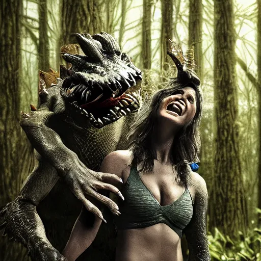 Image similar to werecreature consisting of a alligator and a human, werealligator, photograph captured in a dark forest