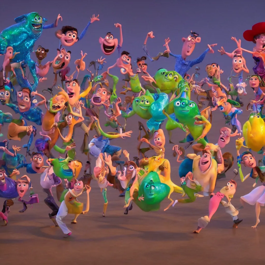 Prompt: full body shot of a bunch of people dancing expressively dynamically, pixar illumination studios movie by john lasseter, cinematic wide angle, fluid liquid shiny slimy fast motion