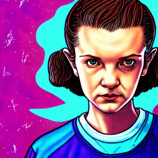 Prompt: portrait of eleven from stranger things by jeremiah ketner, flowers, details, hair texture