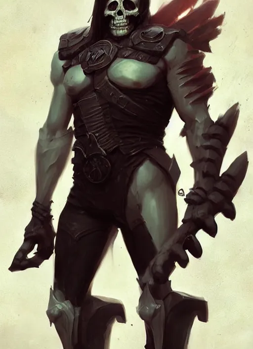 Image similar to male cosplayer wearing costume that is a mix of skelletor and he man. art by greg rutkowski, art by pascal blanche. crisp quality. digital photography. trending in deviantart.