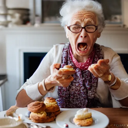 Image similar to elderly woman screaming at a plate of scones, canon eos r 3, f / 1. 4, iso 2 0 0, 1 / 1 6 0 s, 8 k, raw, unedited, symmetrical balance, wide angle