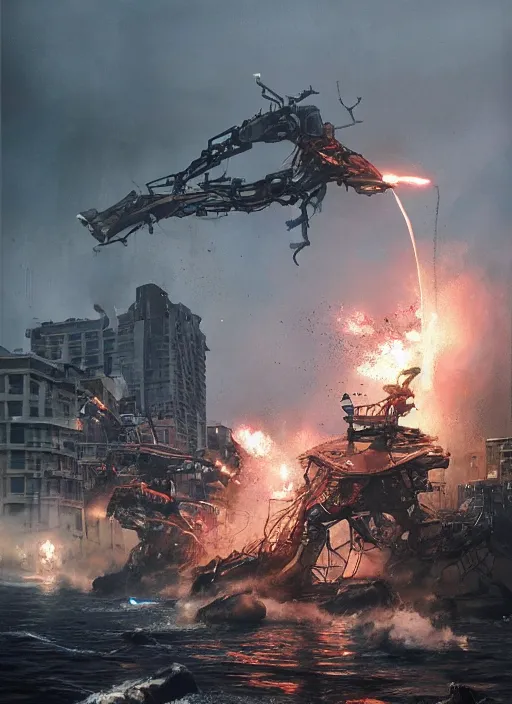 Image similar to hyper realistic squid robot attacking cape town city, table mountain explosions, atmospheric beautiful details, strong composition drawn in ink by kim jung giu weta studio rutkowski, james gurney and greg rutkowski, and lucasfilm