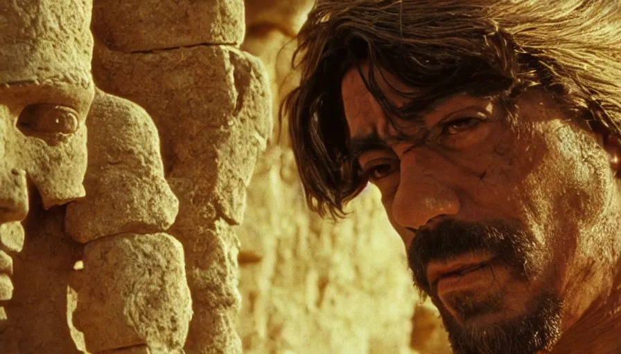 Image similar to dramatic movie stills by pasolini of javier bardem as gilgamesh sumerian king at a ziggurat, sumerian epic movie with sumerian monsters, fights, cinestill 8 0 0 t eastmancolor technicolor, high quality, very detailed, heavy grain, fine facial features, 8 k, octane render