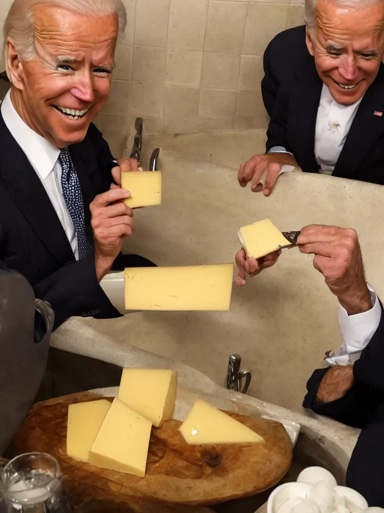 Image similar to Joe Biden eating cheese in a bathtub