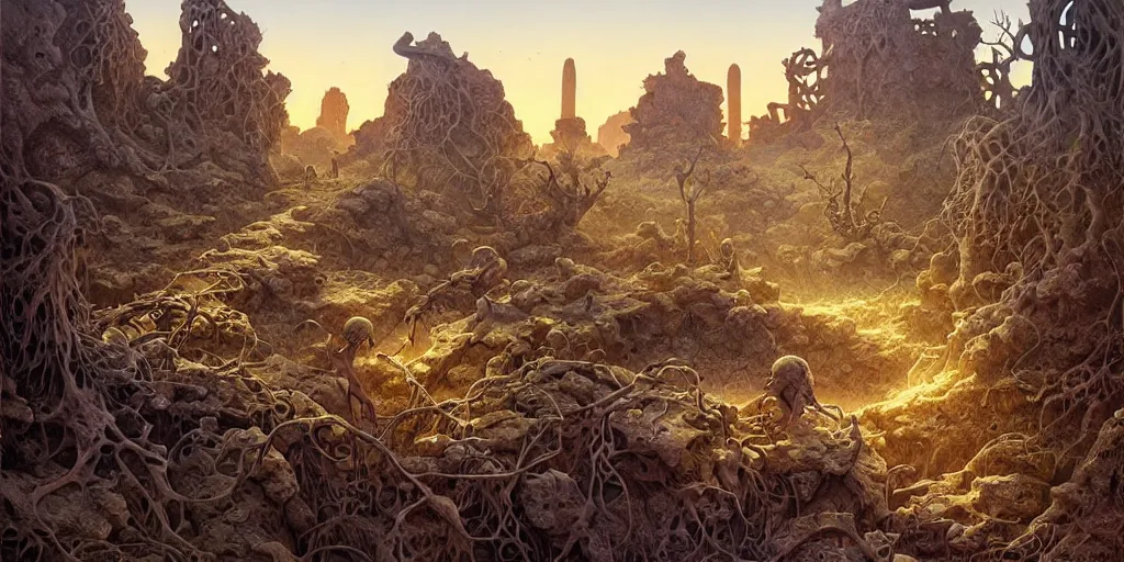 Image similar to a fantasy night desert landscape, ruins, bones, overgrown, arid ecosystem, digital illustration by michael whelan and leyendecker and artgerm, intricate details, surreal, photorealistic, award winning