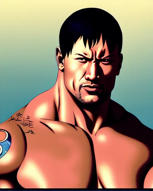 Image similar to portrait Anime man as Dwayne Johnson. fine-face, pretty face, realistic shaded Perfect face, fine details. Anime. realistic shaded lighting by Ilya Kuvshinov katsuhiro otomo ghost-in-the-shell, magali villeneuve, artgerm, rutkowski, WLOP Jeremy Lipkin and Giuseppe Dangelico Pino and Michael Garmash and Rob Rey in official suit