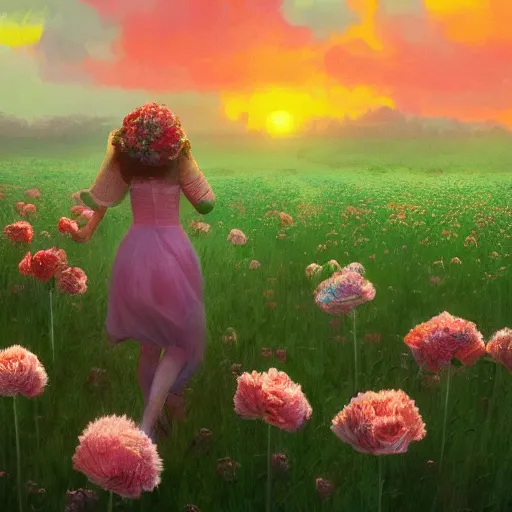 Prompt: head of carnations flower, full body, girl walking in a flower field, surreal photography, sunrise dramatic light, impressionist painting, colorful clouds, digital painting, artstation, simon stalenhag, flower face