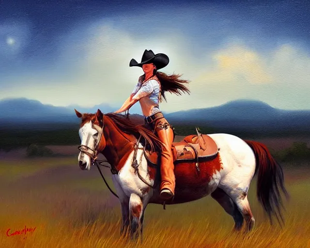 Prompt: a painting of a cowgirl riding her horse with texas hill - country in background, in the style of casey baugh and ed binkley, digital art