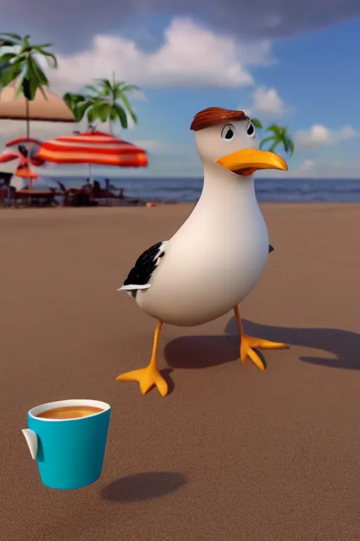 Image similar to Seagull Pixar character and a cup of coffee in the beach, Up movie style, 3d render