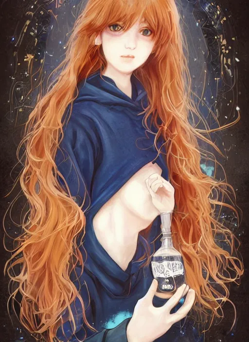 Image similar to medium shot A twelve years old girl with orange eyes, dark blue bob cat length curly dark blue dyed hair with a thoughtful expression wearing a black hoodie with white eyes ornament and grunge jeans, she is in the potions workshop, near the black cauldron, making a potion, blue shiny lighting, beautiful fantasy art by By Artgerm and Hayao Miyazaki, trending on artstation