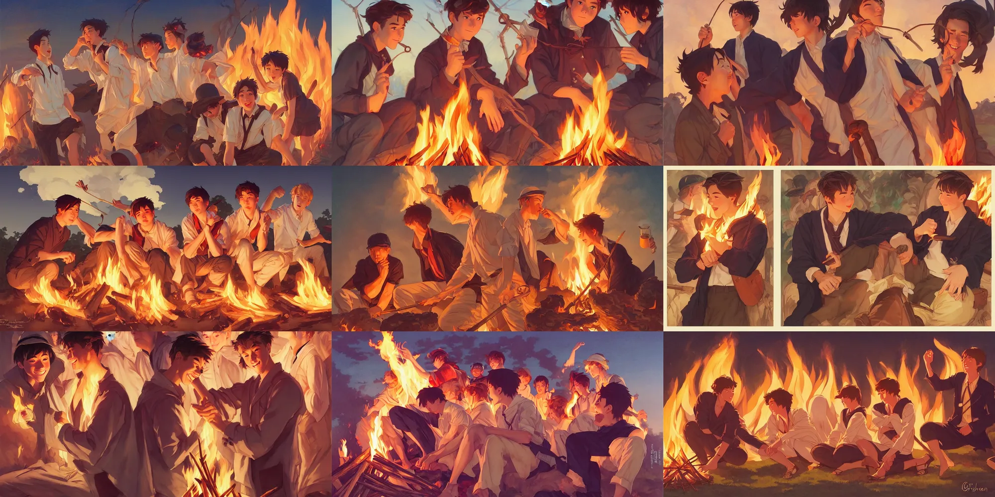 Prompt: bonfire, cute boys, in the style of studio ghibli, j. c. leyendecker, greg rutkowski, artgerm