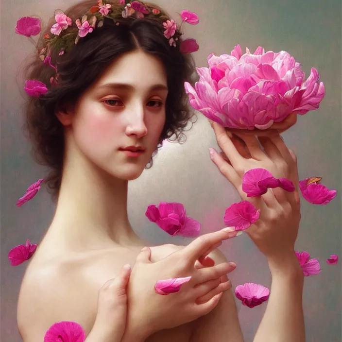 Prompt: a wonderful goddess with the skin made of pink petals, perfect hands, intricate, elegant, highly detailed, wonderful eyes, sweet, digital painting, artstation, concept art, smooth, sharp focus, illustration, art by artgerm and greg rutkowski and alphonse mucha and william - adolphe bouguereau