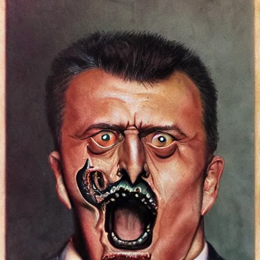 Image similar to igor ivanovich strelkov became an angry degraded satanic hellfire demonic abomination and calling for total mobilization, photo - realistic, color image, 2 k, highly detailed, bodyhorror, occult art