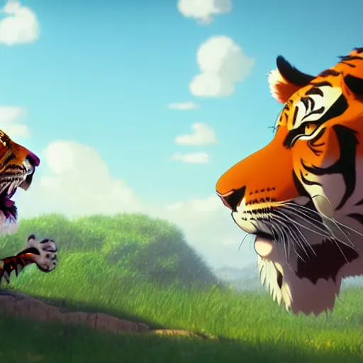 Prompt: a wholesome animation key shot of a tiger fighting a lion, studio ghibli, pixar and disney animation, sharp, rendered in unreal engine 5, anime key art by greg rutkowski, bloom, dramatic lighting