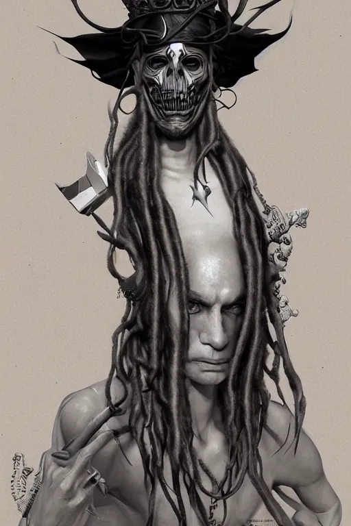 Prompt: vaporwave, an elegant sophisticated gothic king with long wild dreads, straight on, by artgerm, jamie hewlett, tom bagshaw, gerald brom, 4 k, smooth, hd, substance designer render, full body character concept art,