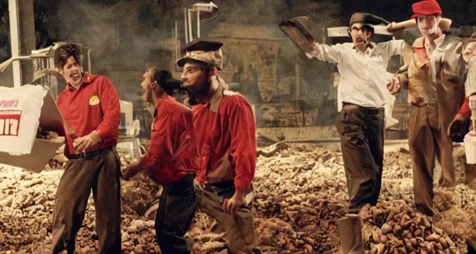 Prompt: film still of a movie about McDonalds workers finding treasure