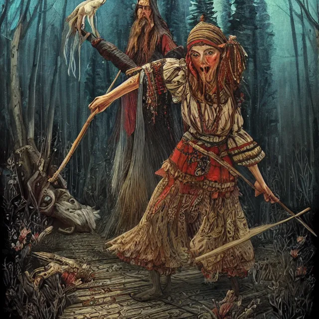 Image similar to баба яга, baba yaga, slavic folk fairytale, story, fable, dramatic, fantasy art, an ultrafine detailed painting, colorized, elegant, sharp focus, artstation, by pavel korin, viktor vasnetsov