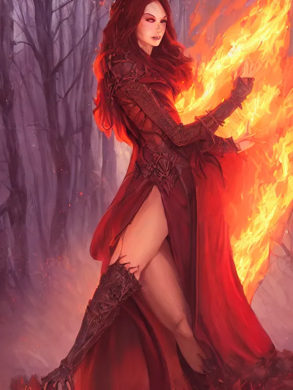 Prompt: evil fire sorceress in the woods, skintight dress, long cloak, evil, grin, dnd, highly detailed, detailed face, burning hands, fire everywhere, smooth, sharp focus, digital painting, by rossdraws, ralph horsley