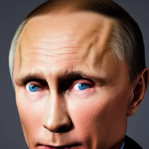 Image similar to hyperrealistic portrait of vladimir putin with a mullet haircut, canon eos r 3, f / 1. 4, iso 2 0 0, 1 / 1 6 0 s, 8 k, raw, unedited, symmetrical balance, in - frame