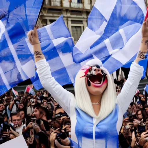 Image similar to Lady Gaga as president, Argentina presidential rally, Argentine flags behind, bokeh, giving a speech, detailed face, Argentina