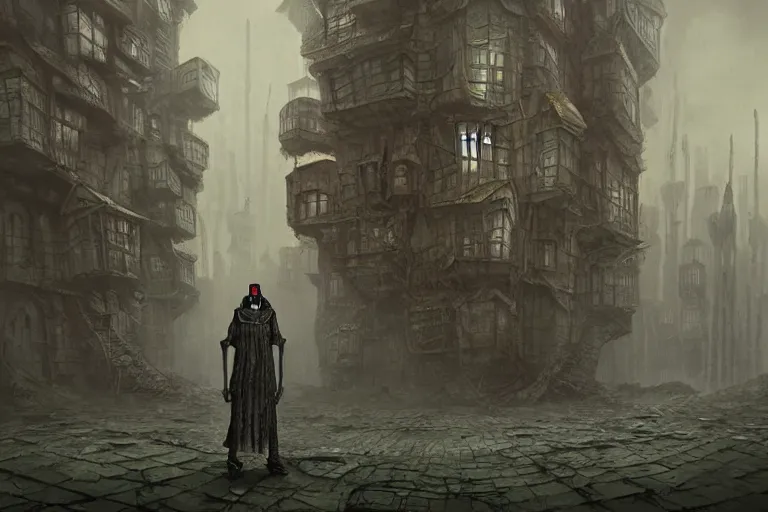 Prompt: a creepy cultist standing in a dystopian city by gediminas pranckevicius,