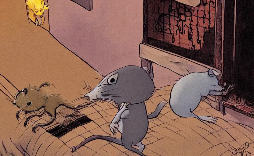 Prompt: the friendly feral rat awoke from its slumber beneath the bed frame, digital painting masterpiece, haunting beautiful brush strokes, painted by Moebius and Hayao Miyazaki and Akira Toriyama