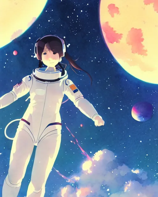 Image similar to oriental water color of a cute thicc astronaut woman, floating through space, backlit, by makoto shinkai and krenz cushart