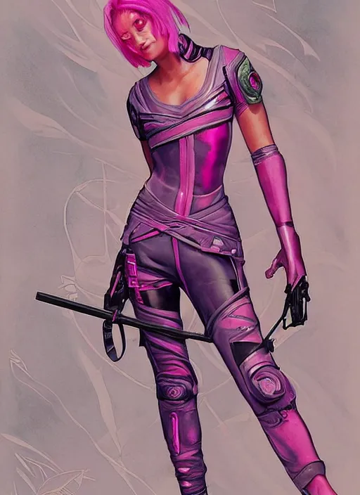 Image similar to beautiful cyberpunk female athlete in pink jumpsuit. lady cyberpunk katana. ad for cyberpunk katana. cyberpunk poster by james gurney, azamat khairov, and alphonso mucha. artstationhq. gorgeous face. painting with vivid color, cell shading. ( rb 6 s, cyberpunk 2 0 7 7 )