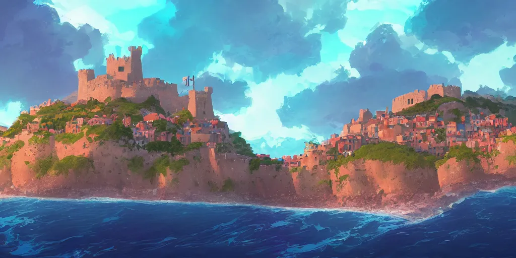 Image similar to Panoramic view of the Castle of Peñiscola and surrounding beaches, mattepainting concept Blizzard pixar maya engine on stylized background splash comics global illumination lighting artstation lois van baarle, ilya kuvshinov, rossdraws