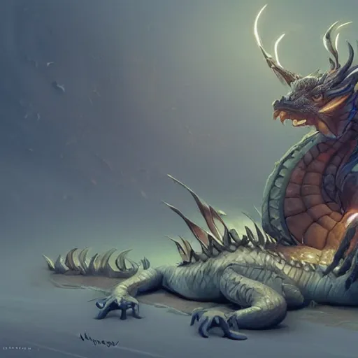 Image similar to sad dragon lying on ground, wearing a collar, like a horse, yoked, is harnessed to plow, highly detailed, digital painting, artstation, concept art, smooth, sharp focus, illustration, cinematic lighting, art by artgerm and greg rutkowski and alphonse mucha